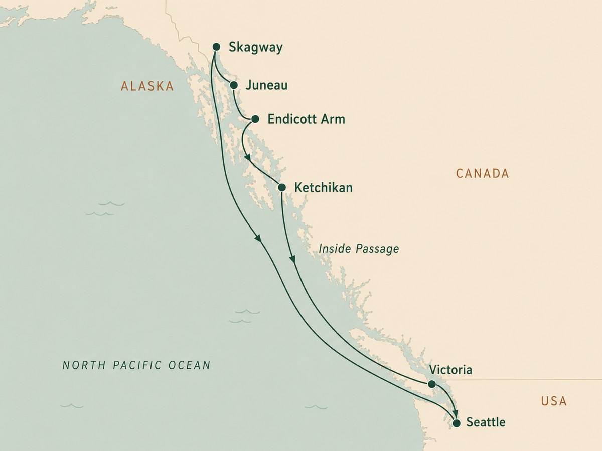 Map of the cruise route: round-trip from Seattle up the Inside Passage to Ketchikan, Endicott Arm, Juneau and Skagway, returning via Victoria